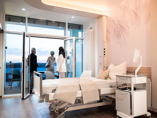 Ein Krankenhauszimmer mit Bett, Monitor, und drei Personen, die durch geöffnete Türen auf den Balkon schauen.