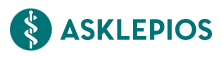 . Ein Logo mit dem Wort "ASKLEPIOS" und einem Symbol mit Stab und Schlange.