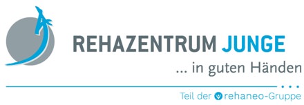 . Logo des Rehazentrum Junge mit Slogan "...in guten Händen", Teil der rehaneo-Gruppe.