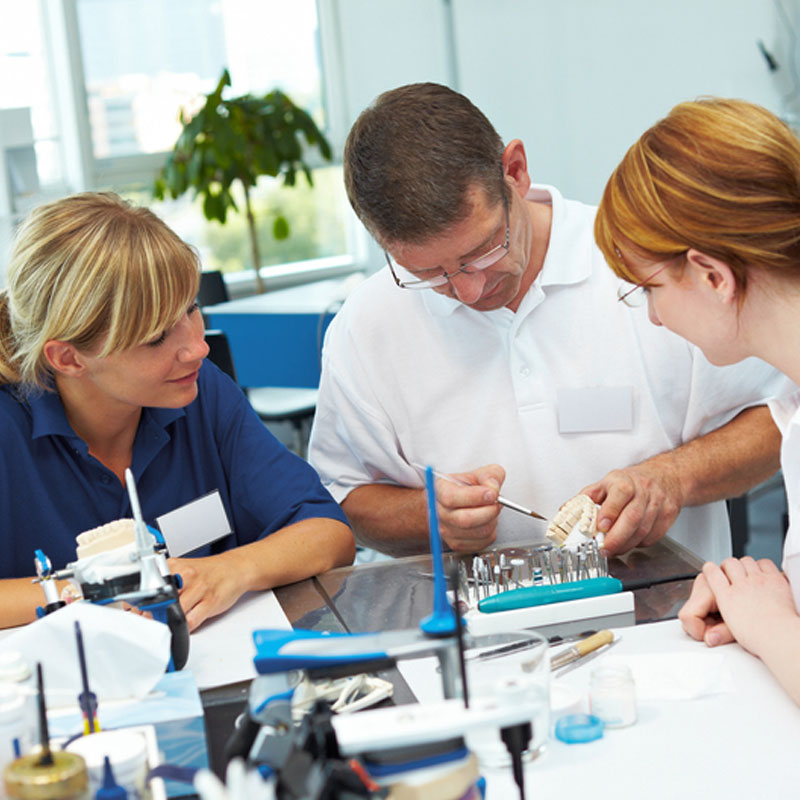 Drei Personen arbeiten an einem Zahnlabor-Projekt, sie untersuchen ein Zahnmodell.