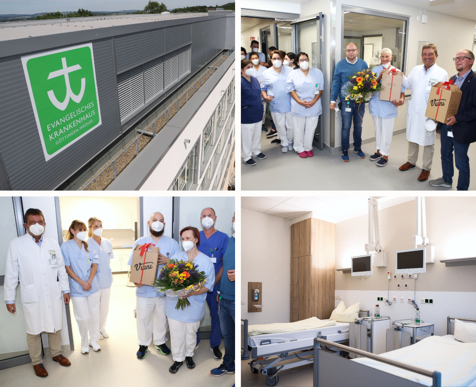 Krankenhauseröffnung in Göttingen: Personal und Ärzte feiern mit Geschenken und Blumen. Moderne Patientenzimmer.