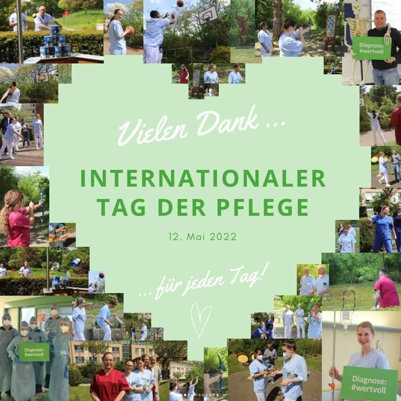 Collage von Pflegekräften. Text: "Vielen Dank... INTERNATIONALER TAG DER PFLEGE 12. Mai 2022 ...für jeden Tag!"