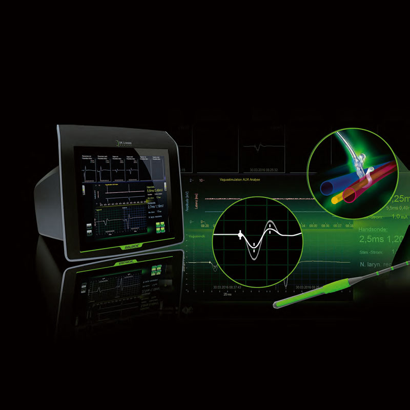 Ein medizinisches Gerät mit Display zeigt Grafiken und Daten an, einschließlich Elektroden und Wellenformen.