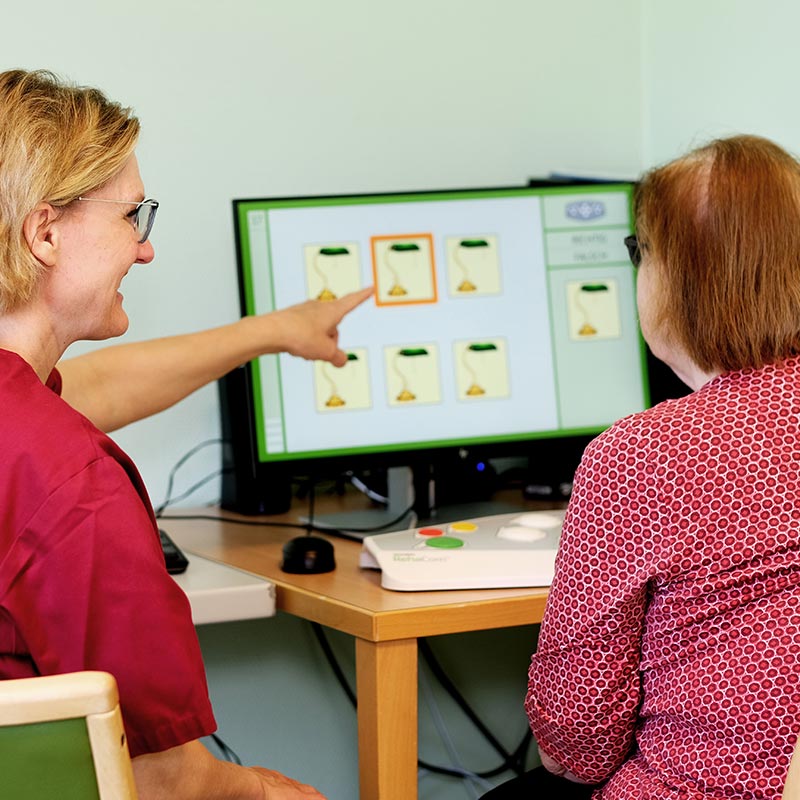 Zwei Personen schauen auf einen Bildschirm mit einem Programm. Eine Person zeigt auf die Auswahl.
