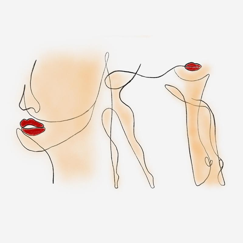 Abstrakte Zeichnung mit roten Lippen, minimalistischen Linien und Körperformen.