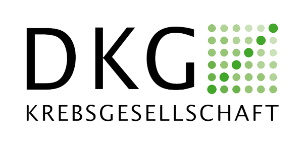 DKG mit grünem Punktmuster-Logo, darunter steht "Krebsgesellschaft".