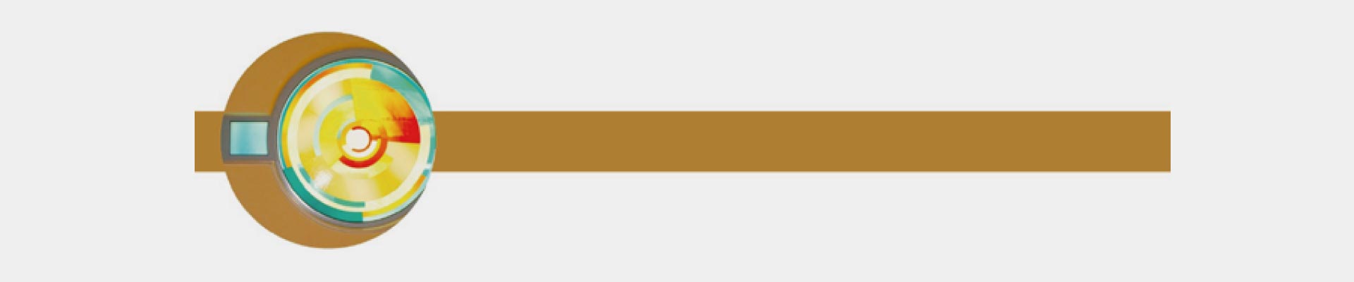 Ein abstraktes Design mit einem farbigen Kreis links und einem braunen horizontalen Streifen rechts auf grauem Hintergrund.