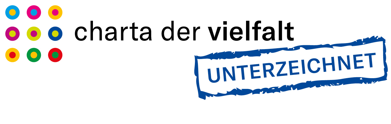 Das Bild zeigt das Logo "Charta der Vielfalt" mit einem Stempel "UNTERZEICHNET".