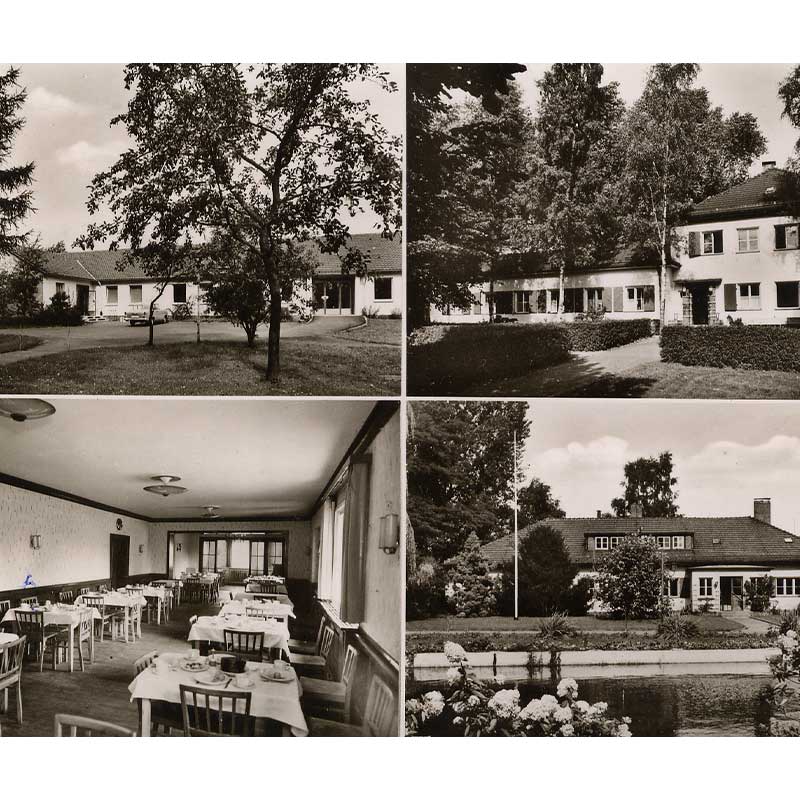 Historische Gebäude und Speiseraum, umgeben von Bäumen und gepflegten Gärten.