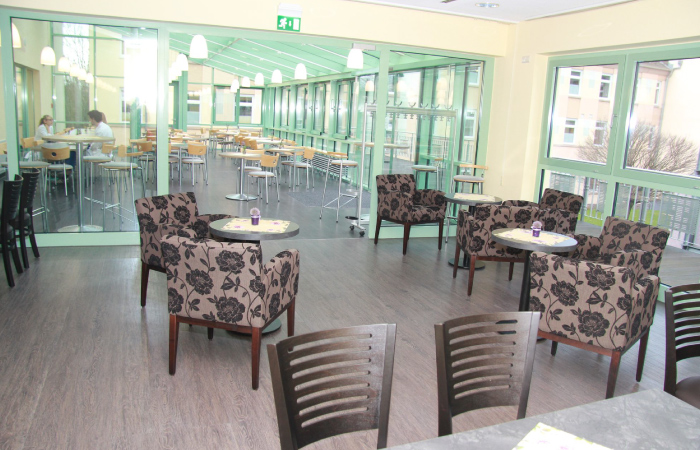 Ein sonniges Café mit Sitzgelegenheiten, Tischen und Fenstern, das einen gemütlichen und luftigen Raum schafft.