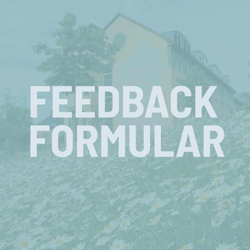 Text über einem Blumenfeld und Gebäude: "FEEDBACK FORMULAR".