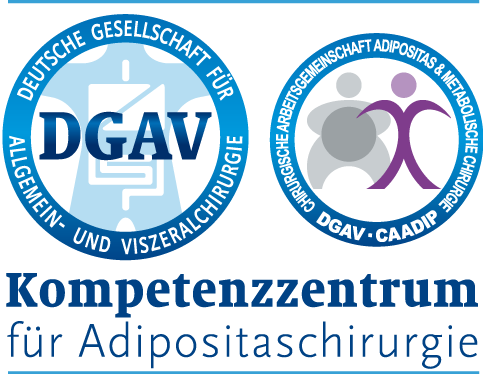 Logos der DGAV und CADIP, mit Text "Kompetenzzentrum für Adipositaschirurgie".