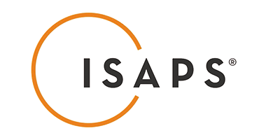 Ein Logo mit der Aufschrift "ISAPS" und einem halben Kreis in Orange.