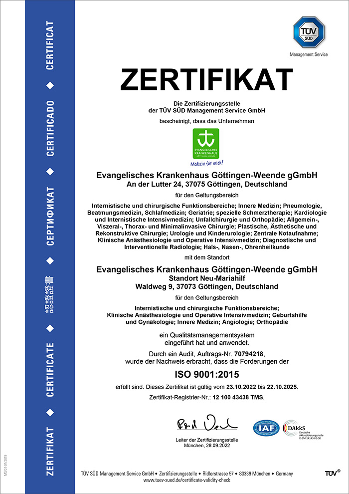Zertifikat ISO 9001:2015 des Evangelischen Krankenhauses Göttingen-Weende. Gültig bis 22.10.2025.