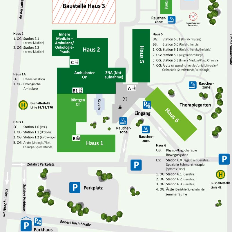 Krankenhausplan mit Häusern 1-6, Intensivstation, Therapie, Raucherzonen, Parkplätzen, Bushaltestellen.