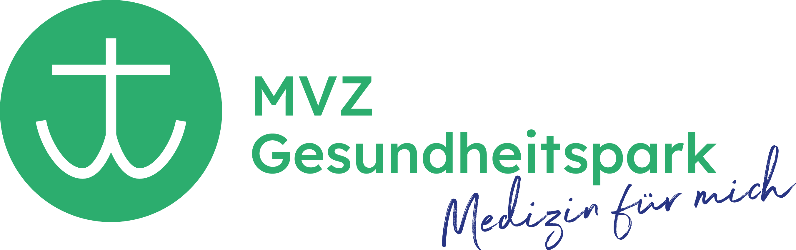 Grünes Logo mit weißem Symbol. Text: "MVZ Gesundheitspark, Medizin für mich".