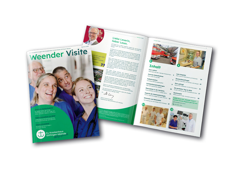 Ein Magazin namens "Weender Visite" des Ev. Krankenhaus Göttingen-Weende mit Inhaltsverzeichnis und Artikeln.