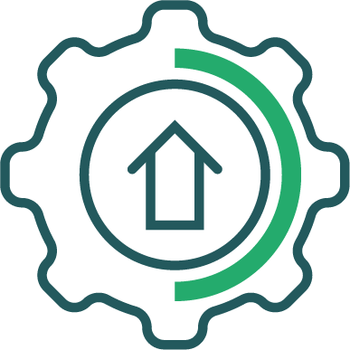 Ein Zahnrad-Icon mit einem Pfeil nach oben, das von einem grünen Halbkreis umgeben ist.